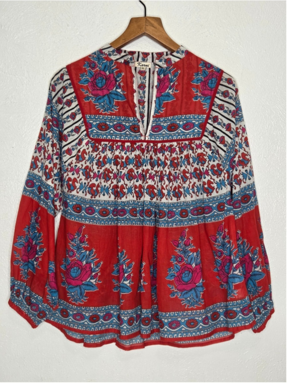Karni Red Floral Long Sleeve Tunic Women's Size XL Boho Spilt V- Neck